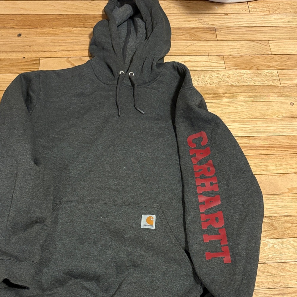 Carhartt Men's Dark Gray Hoodie with Red Sleeve Logo
